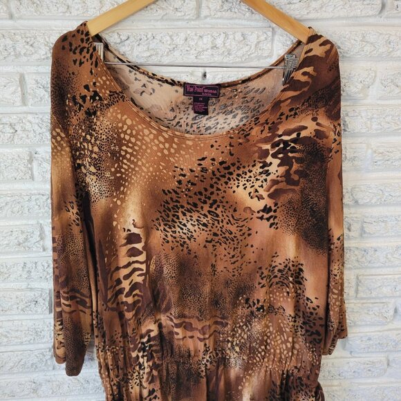 Vue Point Womens Top 2X Plus 3/4 Sleeve Brown Animal Print Travel ANI53E - Picture 2 of 7